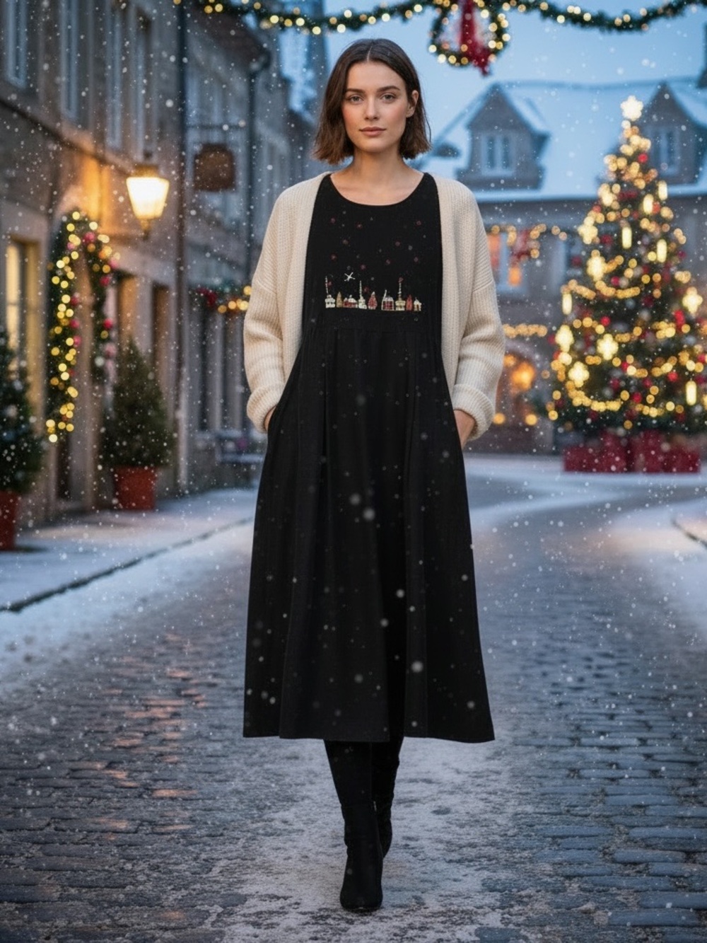 WOOLRICH sz Small Dress Long Christmas Small Town Corduroy Embroidered Black